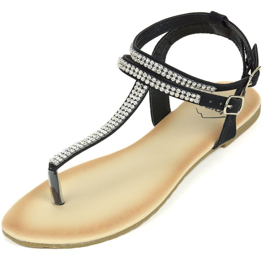 Alpine Swiss Womens Rhinestone T-Strap Sandals Ankle Strap Flat Summer Shoes